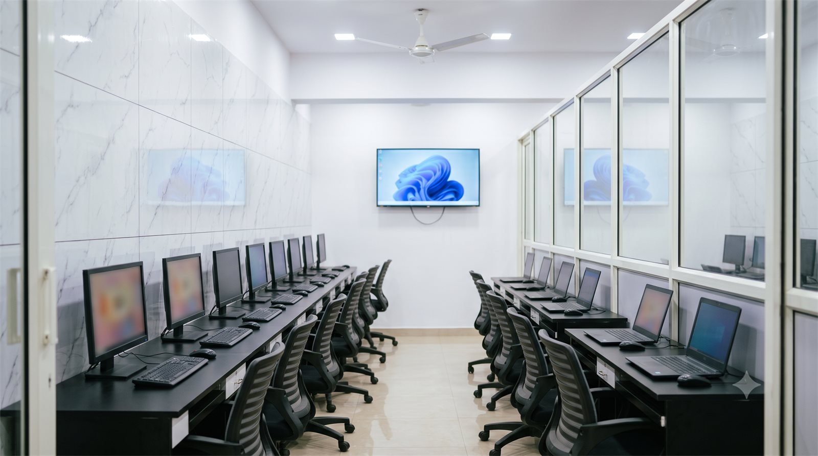 Illustrative image of a computer training lab with desktop workstations and laptop benches